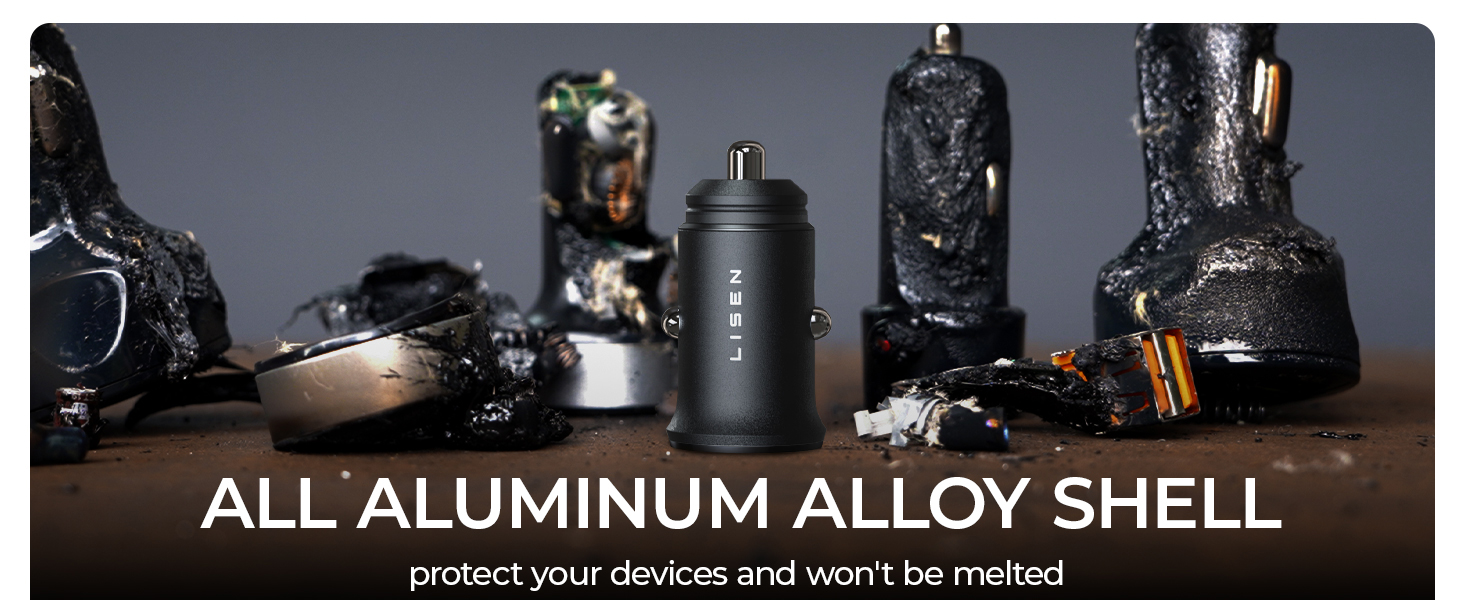 Various charred electronic devices on a dark surface. Text overlay: 'ALL ALUMINUM ALLOY SHELL protect your devices and won't be melted'.
