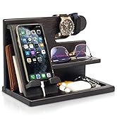 Black desk organizer displaying various angles, with phone charging station, compartments for watches, phones, and personal accessories.