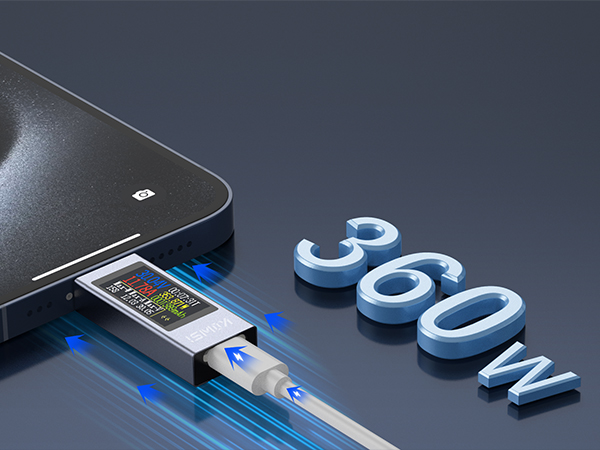 USB device plugged into laptop port, glowing blue. '360w' text visible nearby, suggesting high-power USB capability.
