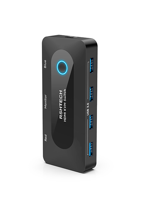 Black rectangular USB hub with multiple ports. Features a blue illuminated power button and 'PC HI-TECH' branding on the side.