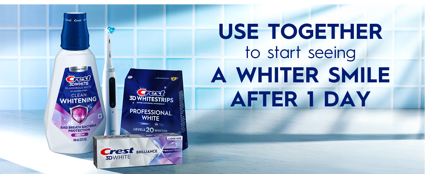 Crest 3DWhite oral care products on a bathroom counter. Use together for a whiter smile after 1 day.