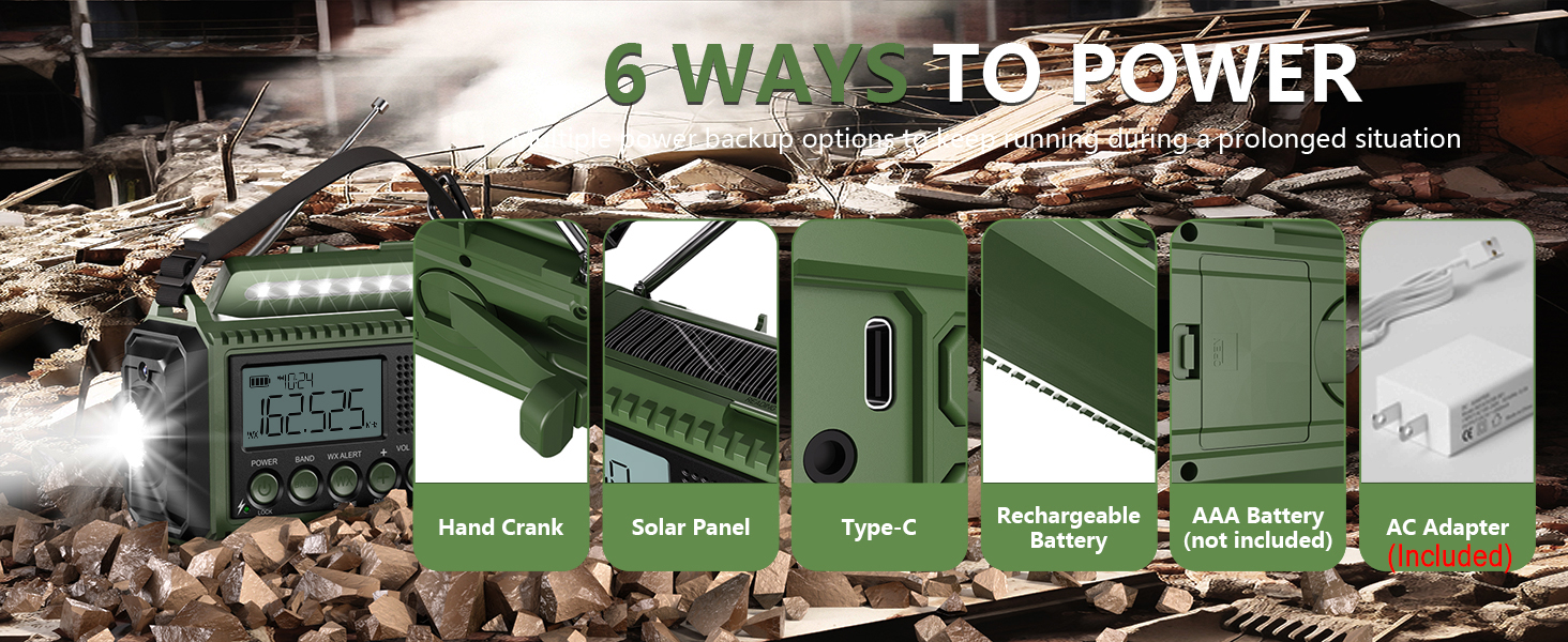 6 WAYS POWERED EMERGENCY WEATHER ALERT RADIO
