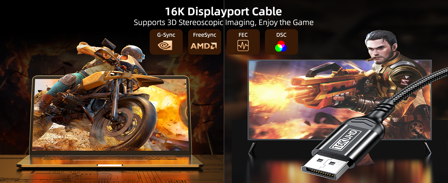 16K Displayport Cable 2.1, DP 2.1 80Gbps Cable Dynamic HDR, High refresh rate and high resolution