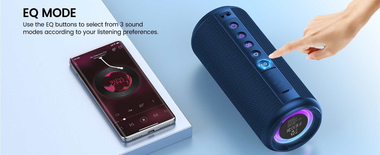 Text reads 'EQ MODE'. Shows smartphone interface next to blue cylindrical bluetooth speaker being touched by hand.
