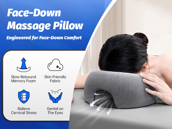 A woman is using a face-down sleeping pillow.