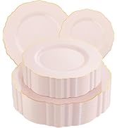 WDF 100pcs Pink Plastic Plates - High-end Baroque Design - Pink and Gold Plates - Including 50 Di...