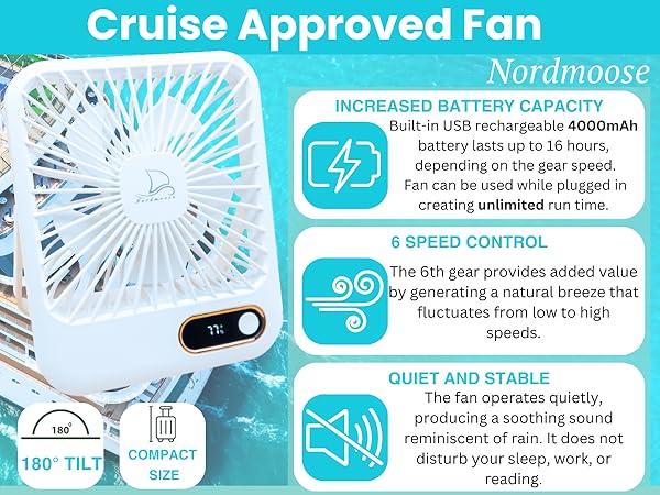 cruise fan, fan for cruise cabin approved, rechargeable desk fan, office table fan