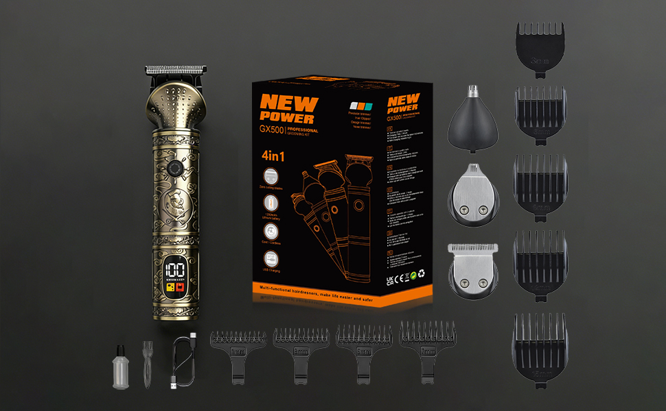 Professional hair clipper set with transparent casing showing internal mechanism, includes product box and multiple attachment combs against dark background.