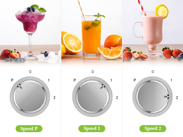 Three fruit smoothies: purple with berries, orange with citrus, and pink with lemon. Below, three control dials labeled 'Speed P', 'Speed 1', and 'Speed 2' for a blender or food processor.