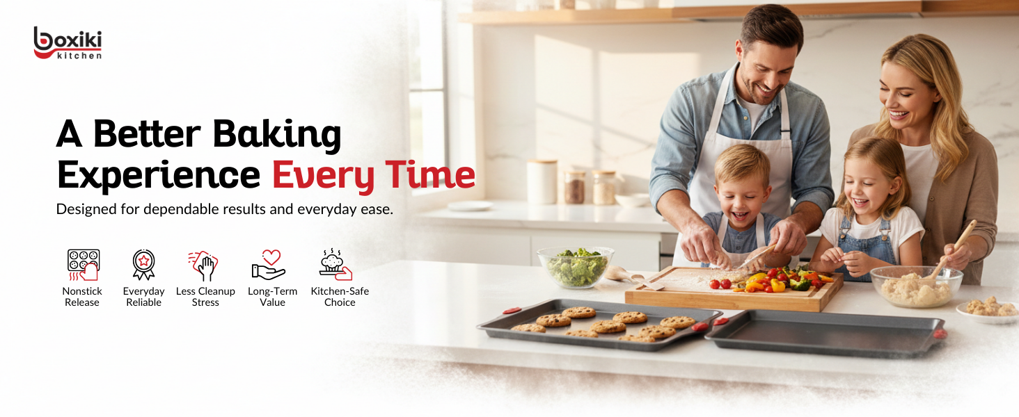 Family baking in bright kitchen using Boxiki baking sheets for everyday meals