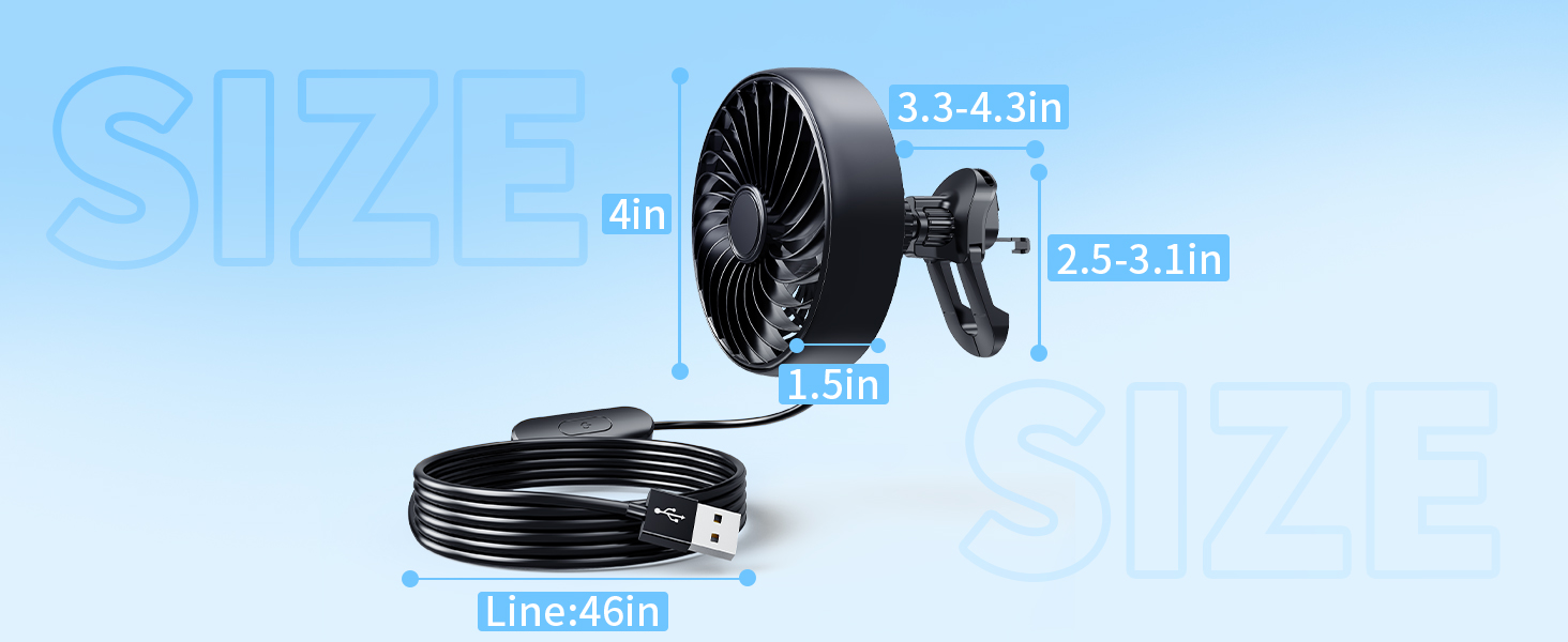 the size of xuenair can fan usb for ac air vent, compatible for car sedan suv pickup truck rv van