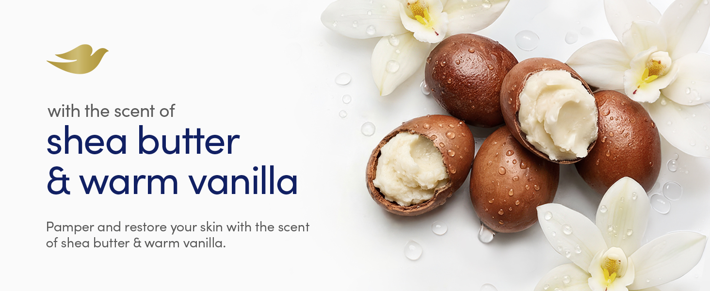 Shea butter and vanilla fragrance claim with shea nuts and vanilla flowers covered in water droplet