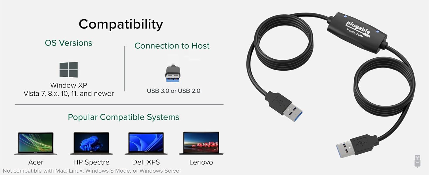 USB Transfer Cable for Windows 11, 10, 8.x, 7, Vista, XP, and USB-A host devices