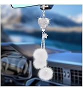Bling Car Hanging Ornament, Bling Car Mirror Accessories for Women, Diamond Heart and Fuzzy Plush...