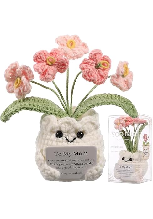 YOOJEE Crochet Forget Me Not Gift for Mom – Mothers Day Gifts from Daughter Son, Handmade Pink Fl...