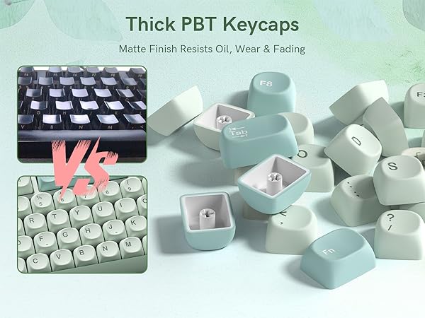 These are thick PBT keycaps with a matte finish that resists oil buildup, wear, and fading