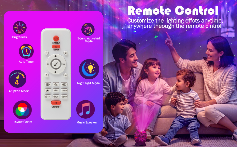 The gift box contains a star projector, manual, data cable, and remote control