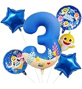 PartyWoo Baby Shark Blue Foil Number 3 Balloon 5pcs 40 18 Inch Blue Round Star Mylar Helium Birth...
