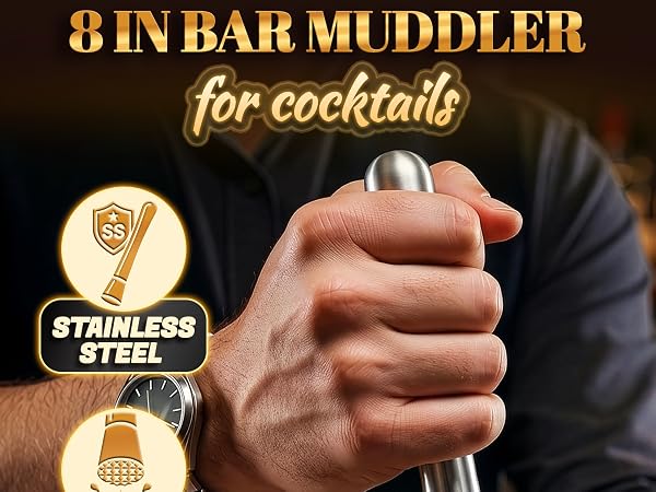 muddler for cocktails with stainless steel body shown with grip and bar design icons