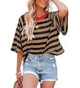 Dokotoo Tops for Women Striped 2026 Fashion T Shirts for Women Color Block Crewneck Design Loose ...