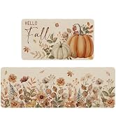 Fall Floral Kitchen Mats Set of 2 Autumn Flowers Pumpkin Kitchen Rug for Fall Home Decor Washable...