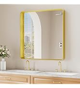 Koonmi Gold Wall Mirror for Bathroom, 30x30 Inch Matte Deep Framed Rounded Rectangle Vanity Mirro...