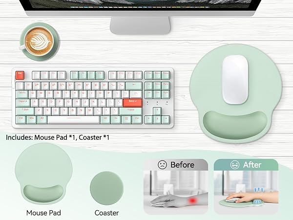 Text reads 'Includes: Mouse Pad *1 Coaster *1' and 'Before After'. Mechanical keyboard with white/mint keys and orange accent keys, mint green ergonomic mouse pad with wrist support, beige coaster, and lifestyle comparison photos showing desk organization.