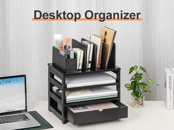 Bamboo Desk Organizer with Drawer and File Holder