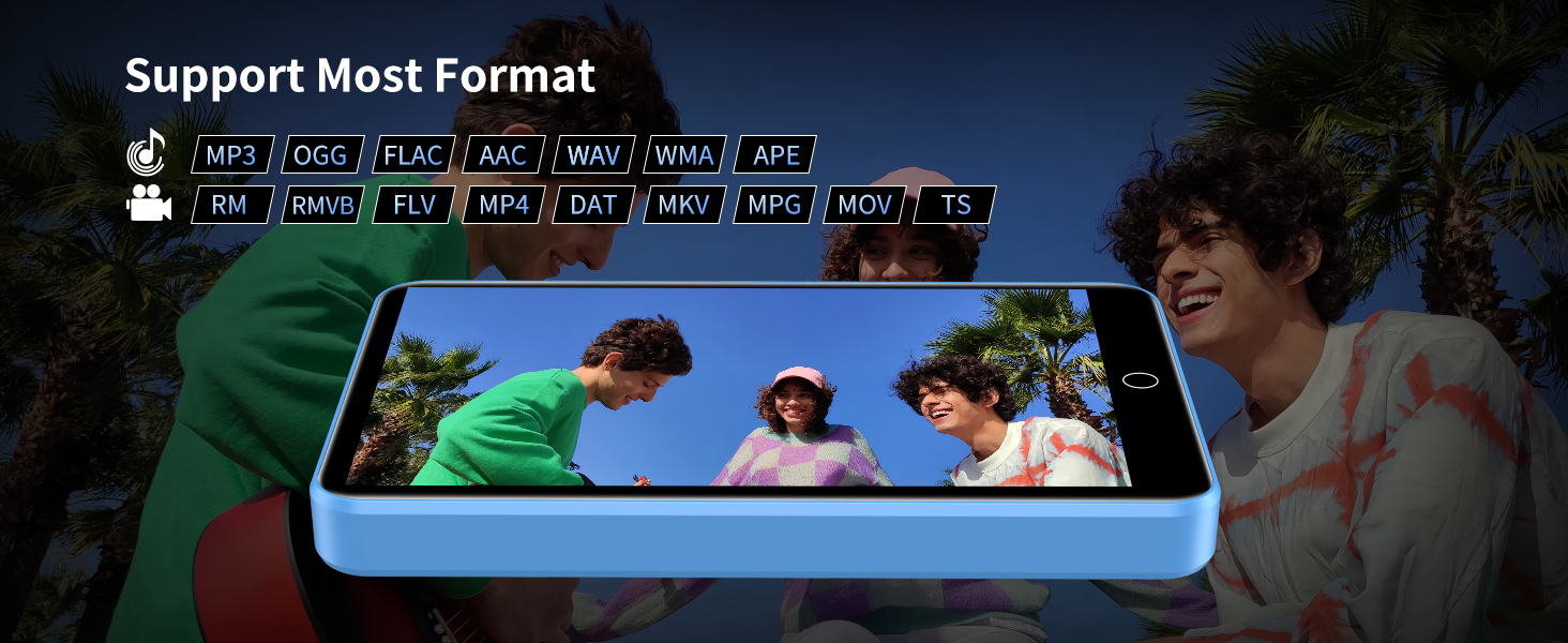 Light blue portable media device displaying video playback, with supported format icons shown above.