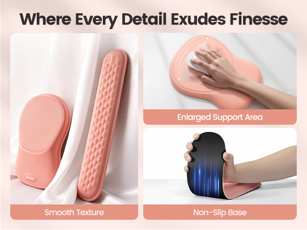 Several panels showing close-up views of hands interacting with computer peripherals and office supplies against pink backgrounds, demonstrating product usage.