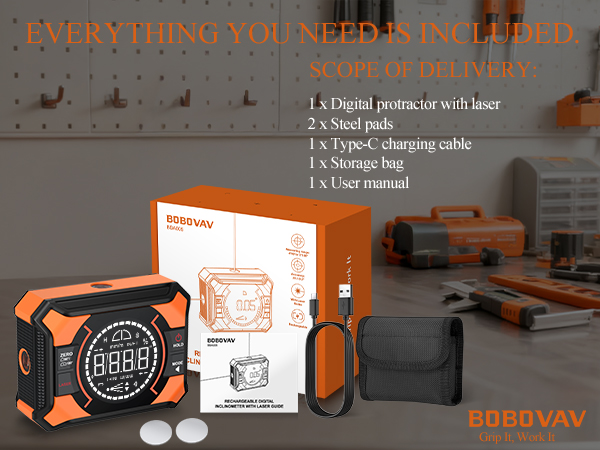 Text reads: 'EVERYTHING YOU NEED IS INCLUDED', '1 x Digital picorna set with laser', '1 x Steel probe', '1 x User manual', '1 x Storage bag'. Orange and black device shown with BOBOVAV branding.