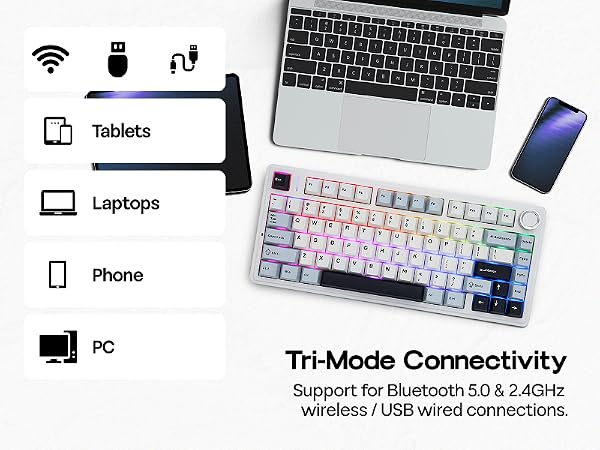 Text reads "Tablets", "Laptops", "Phone", "PC", and "Tri-Mode Connectivity - Support for Bluetooth 5.0 &amp; 2.4GHz wireless / USB wired connections." Shows mechanical keyboard with laptop and mobile devices for multi-device connectivity.