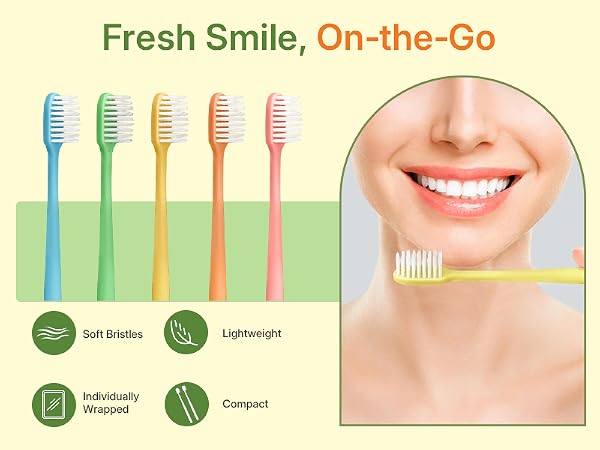 Compact lightweight soft-bristle toothbrushes, individually wrapped, for adults and kids