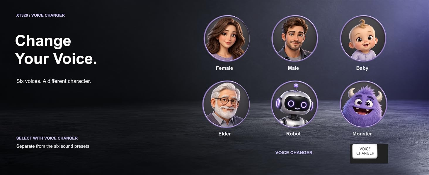 XT320 voice effects: Female, Male, Baby, Elder, Robot and Monster.