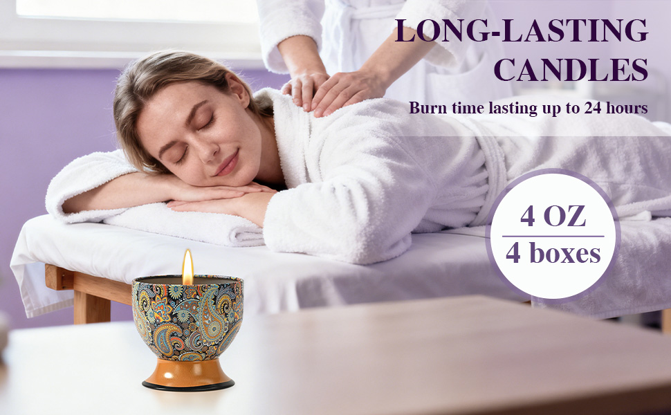 Text reads 'LONG-LASTING CANDLES', '4 boxes', '4 OZ', 'Burn time lasting up to 23 hours'. Multiple product shots showing white candles being lit and burning, with decorative holder visible.