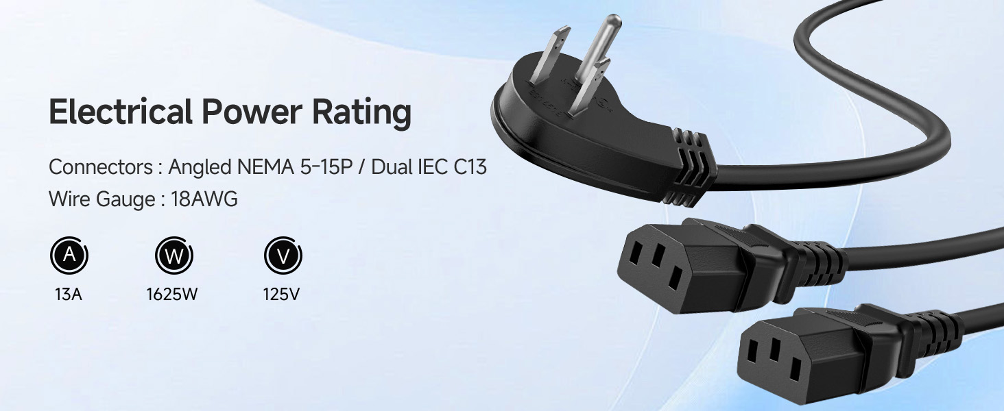 Computer Power Cord Splitter (NEMA 5-15P to 2X IEC C13)