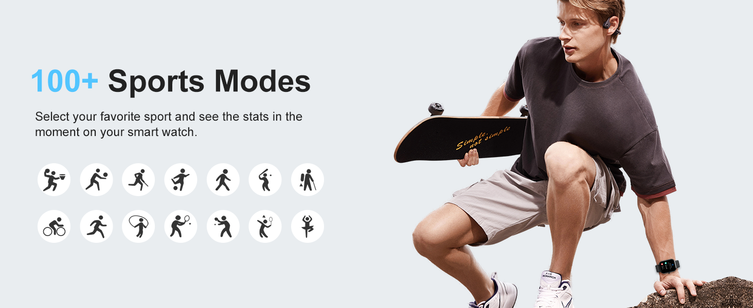 Smartwatch advertisement showcasing 100+ sports modes. Image displays icons of various activities and a person in athletic pose wearing the watch.