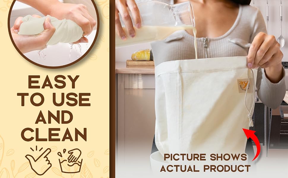 Model pouring nut milk into nut milk bag beside the description easy to use and clean