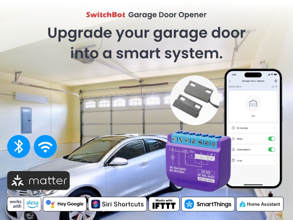 SwitchBot Garage Door Opener advertisement showcasing smart system upgrade. Features smartphone app control, compatibility with various voice assistants, and a purple control module for automated garage operation.