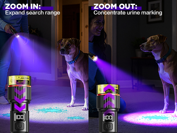 Adjustable focus, astigmatism to find dog urine, focus to mark dog urine