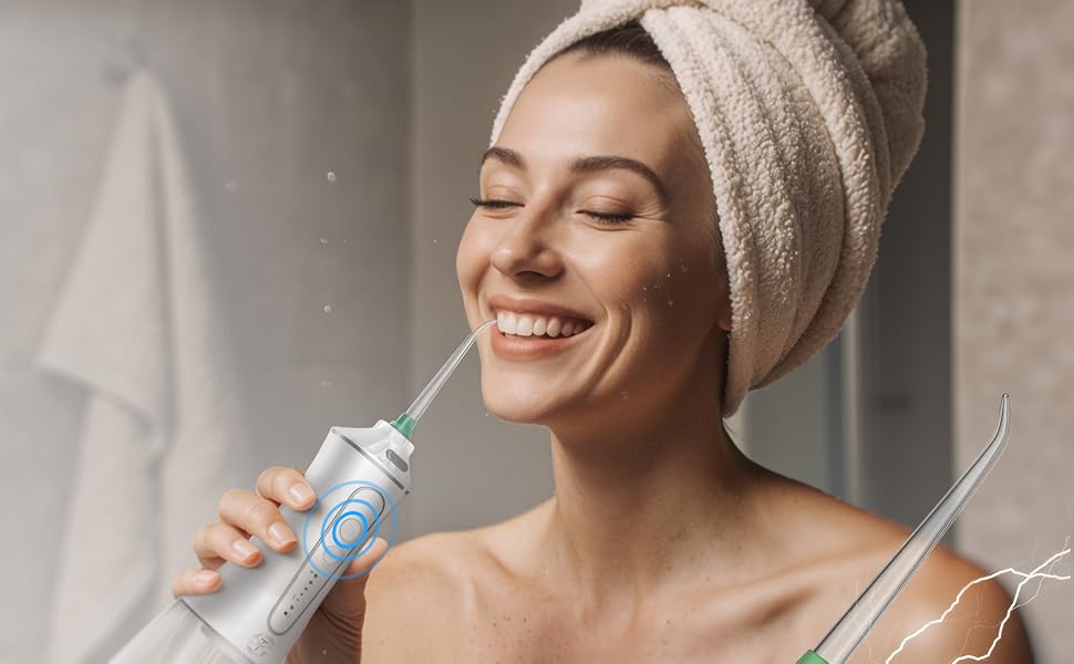Woman using TBPO cordless water flosser in bathroom for daily oral care