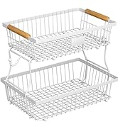Astrorhine 2 Tier Fruit Basket for Kitchen Counter with 2 Banana Hangers, Countertop Metal Bread ...