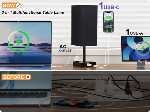 Black Lamp with USB C+A and Outlets Charging