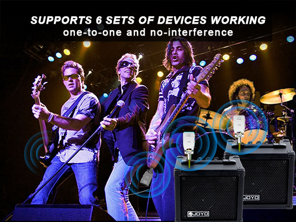 Rock band performing on stage with guitar players and drummer, text overlay states 'Supports 6 sets of devices working one-to-one and no-interference'.