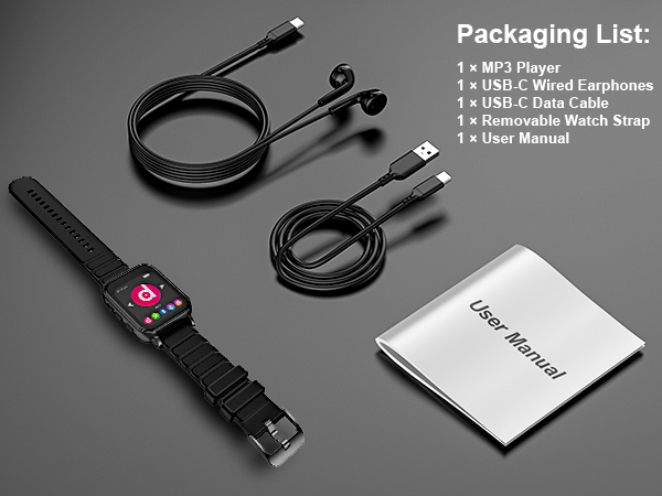 Wearable Music Player Packing List includes User Manual Type-C Cable and Detachable Wristband