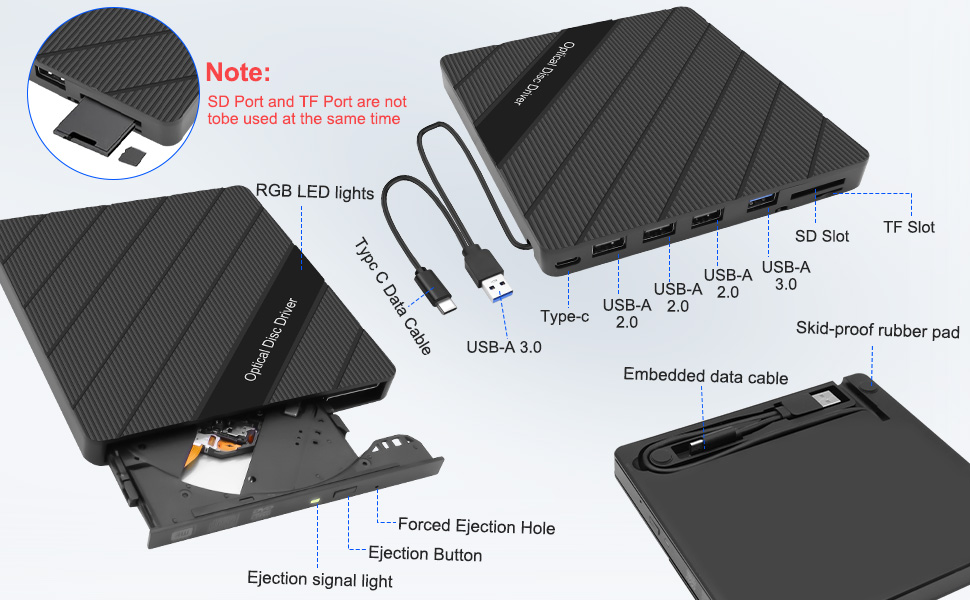 USB 3.0 Type-C Portable CD/DVD ROM +/-RW Drive Burner Writer Player Reader
