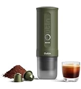 Portable coffee maker in olive green color shown with coffee capsule and prepared espresso in glass cup against white background.
