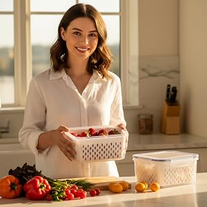 Refrigerator Storage Containers with Removable Colander Baskets