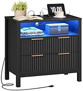 HOOBRO Wide Nightstand with Charging Station, LED Light Strip Night Stand with 2 Drawers, Wooden ...