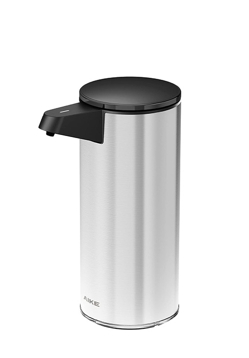 Stainless steel automatic soap dispenser with cylindrical design, featuring black top cap and dispensing spout. Modern minimalist aesthetic with brushed metal finish.